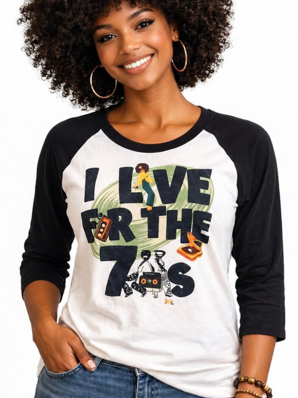 Large Womens Cotton I Live for the 70s Retro Music Graphic Raglan Baseball Shirt
